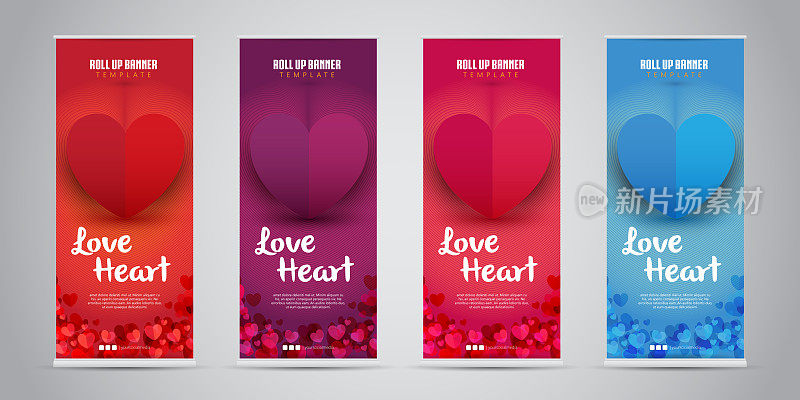 爱的心商业滚动旗帜4变颜色(红色，紫色，粉红色/品红，蓝色)。矢量插图。